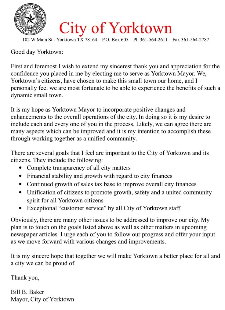 Mayor of Yorktown Letter